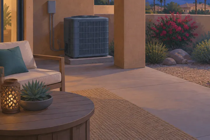 Illustrative desert home with residential AC equipment