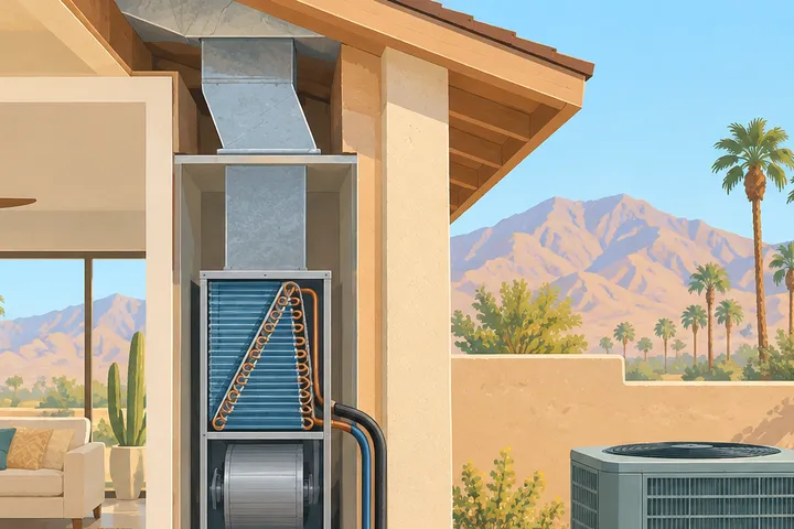 Illustrative desert home with residential AC equipment