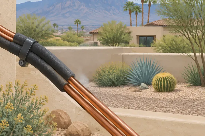 Illustrative desert home with residential AC equipment