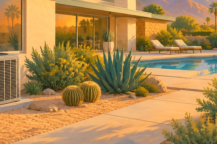Illustrative desert home with residential AC equipment