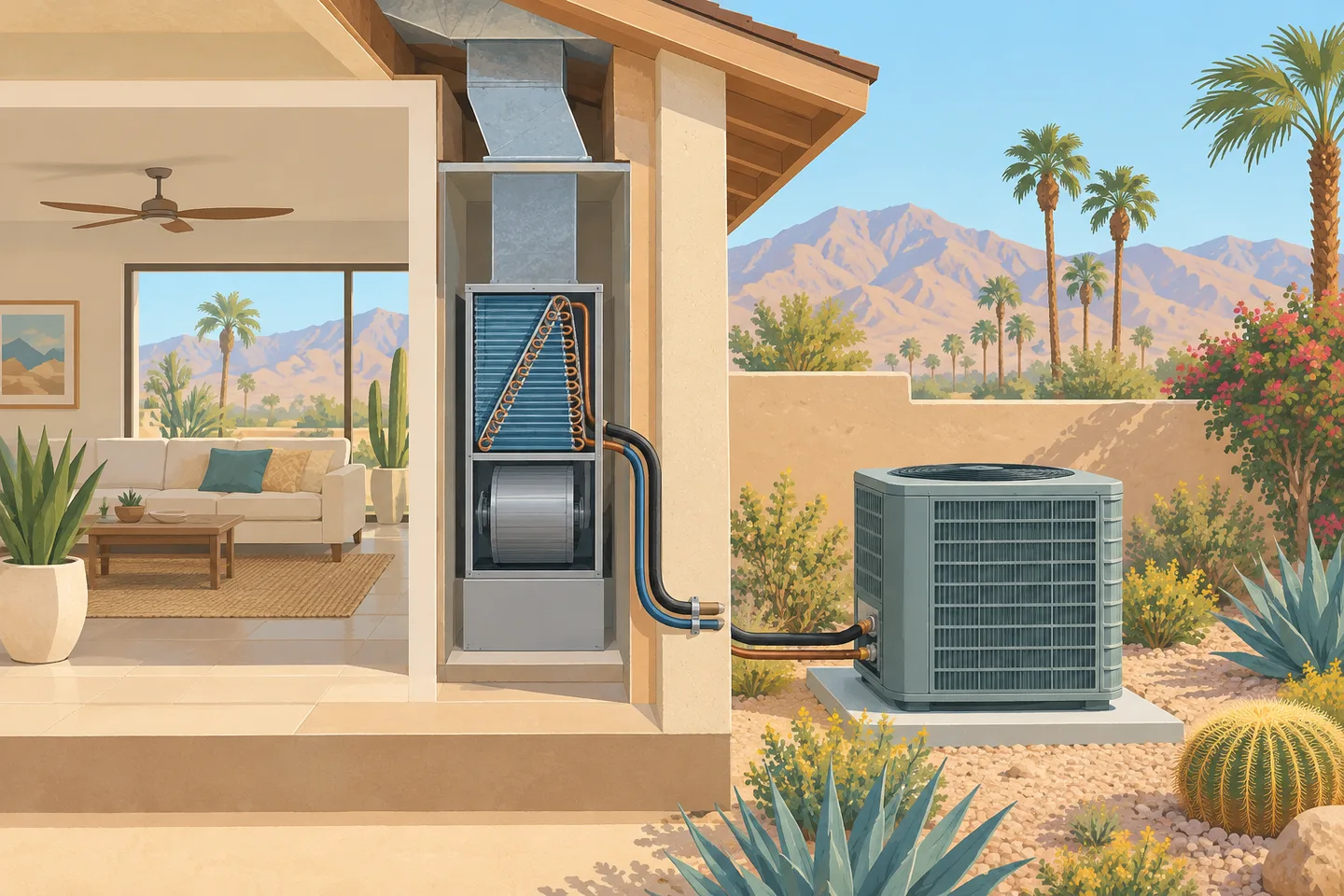 Conceptual illustration of home air conditioning and airflow