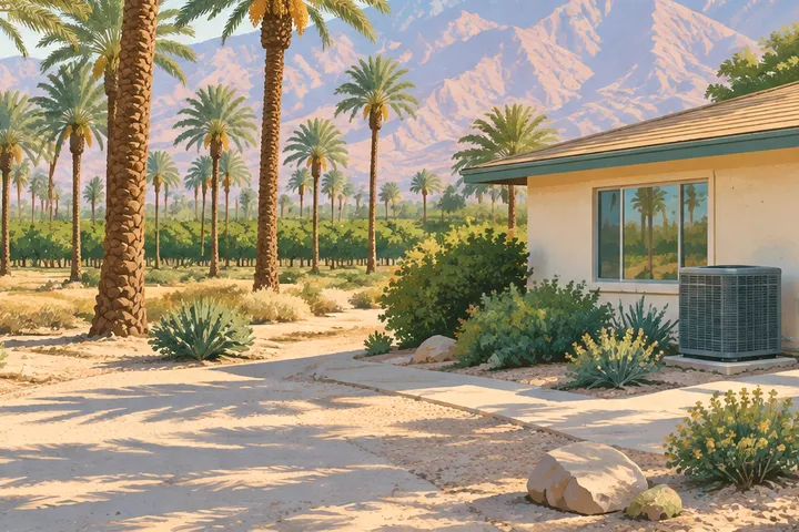 Illustrative desert home with residential AC equipment