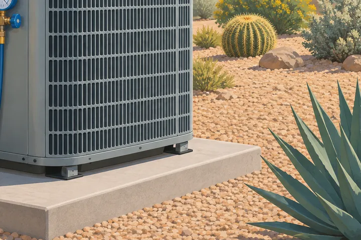 Illustrative desert home with residential AC equipment