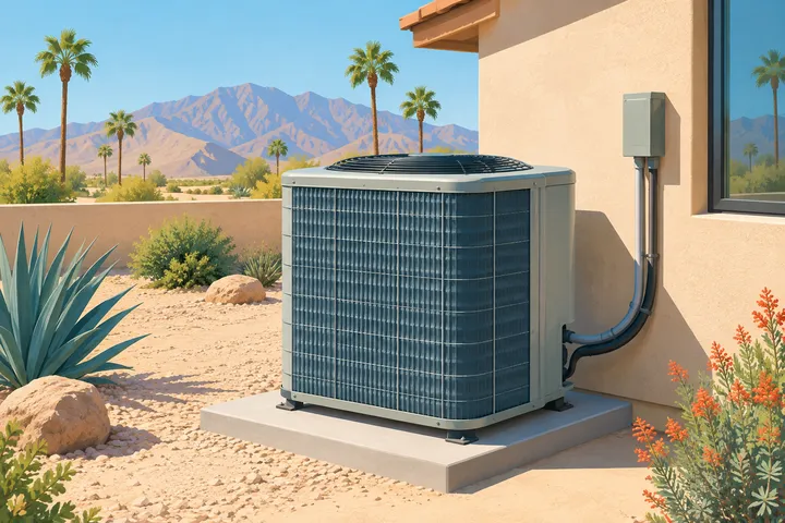 Illustrative desert home with residential AC equipment