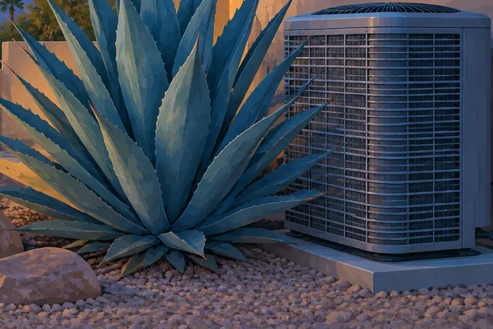 Illustrative desert home with residential AC equipment