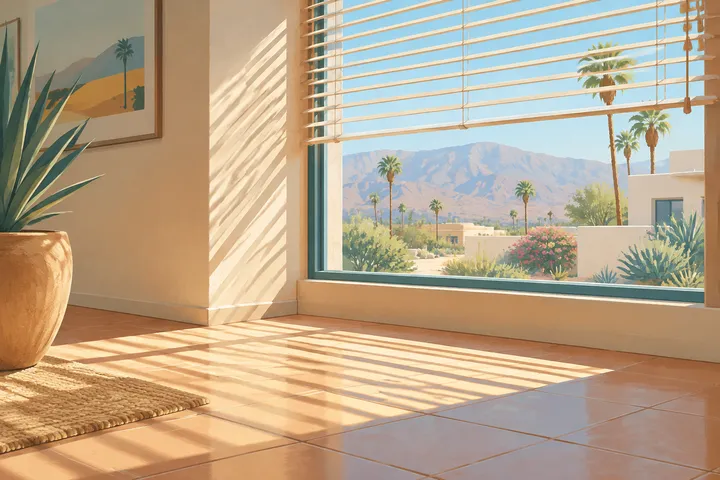 Illustrative desert home with residential AC equipment