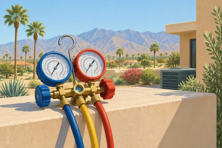 Illustrative detail of a home AC system in a desert setting