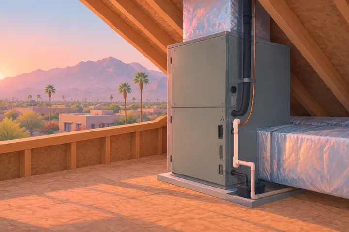 Illustrative desert home with residential AC equipment