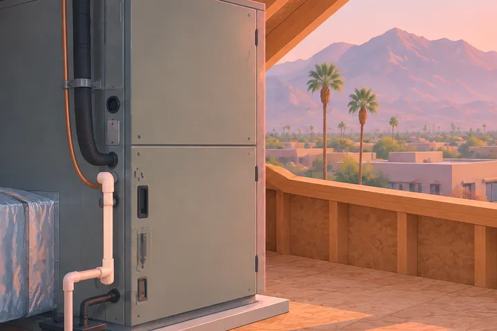 Illustrative desert home with residential AC equipment