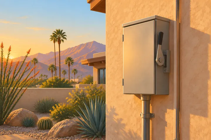 Illustrative detail of a home AC system in a desert setting