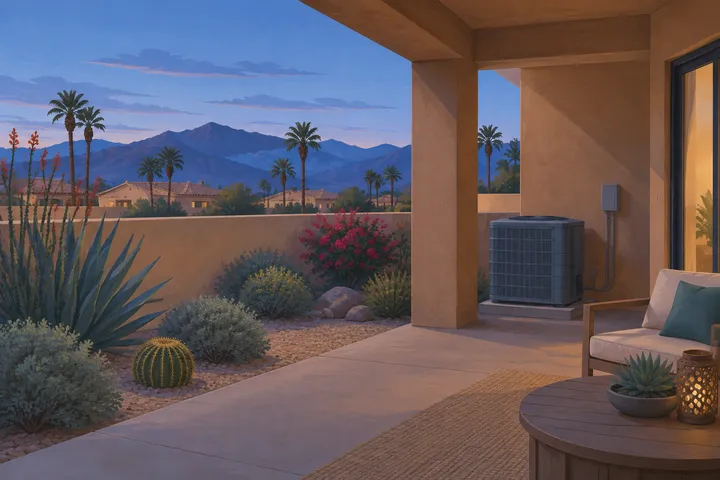 Illustrative detail of a home AC system in a desert setting
